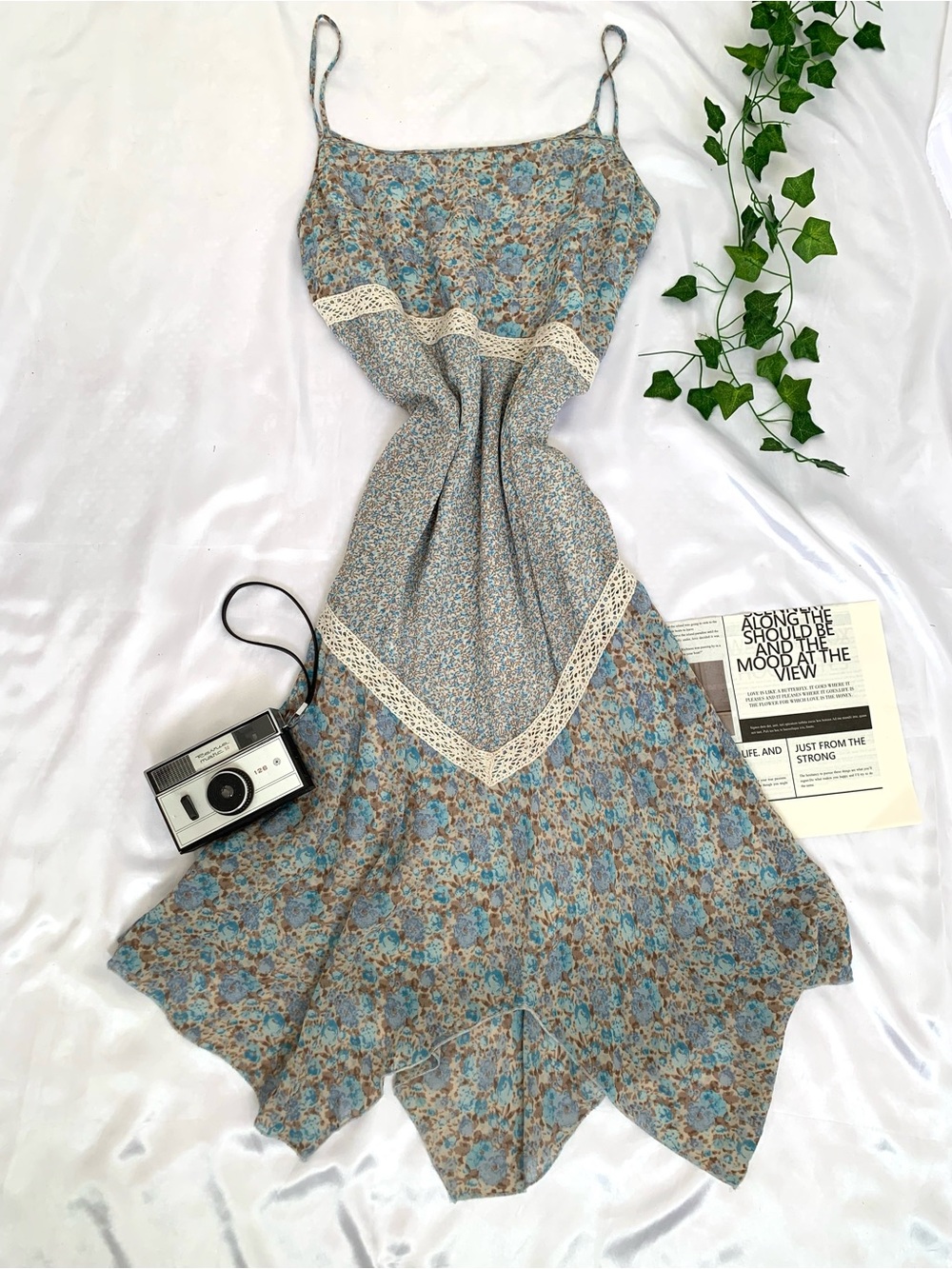 Vintage Blue Floral Asymmetrical Slip Dress with Cream Lace - 100% Viscose
